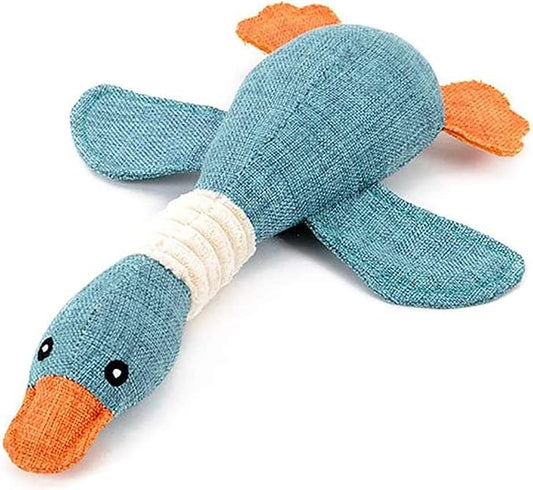 Quietschendes Enten-Hundespielzeug aus Leinen – Natürliches Kauspielzeug in Blau & Orange