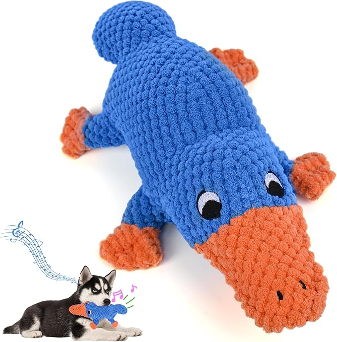 Quietschendes Krokodil-Hundespielzeug – Weiches Plüsch-Kauspielzeug in Blau & Orange