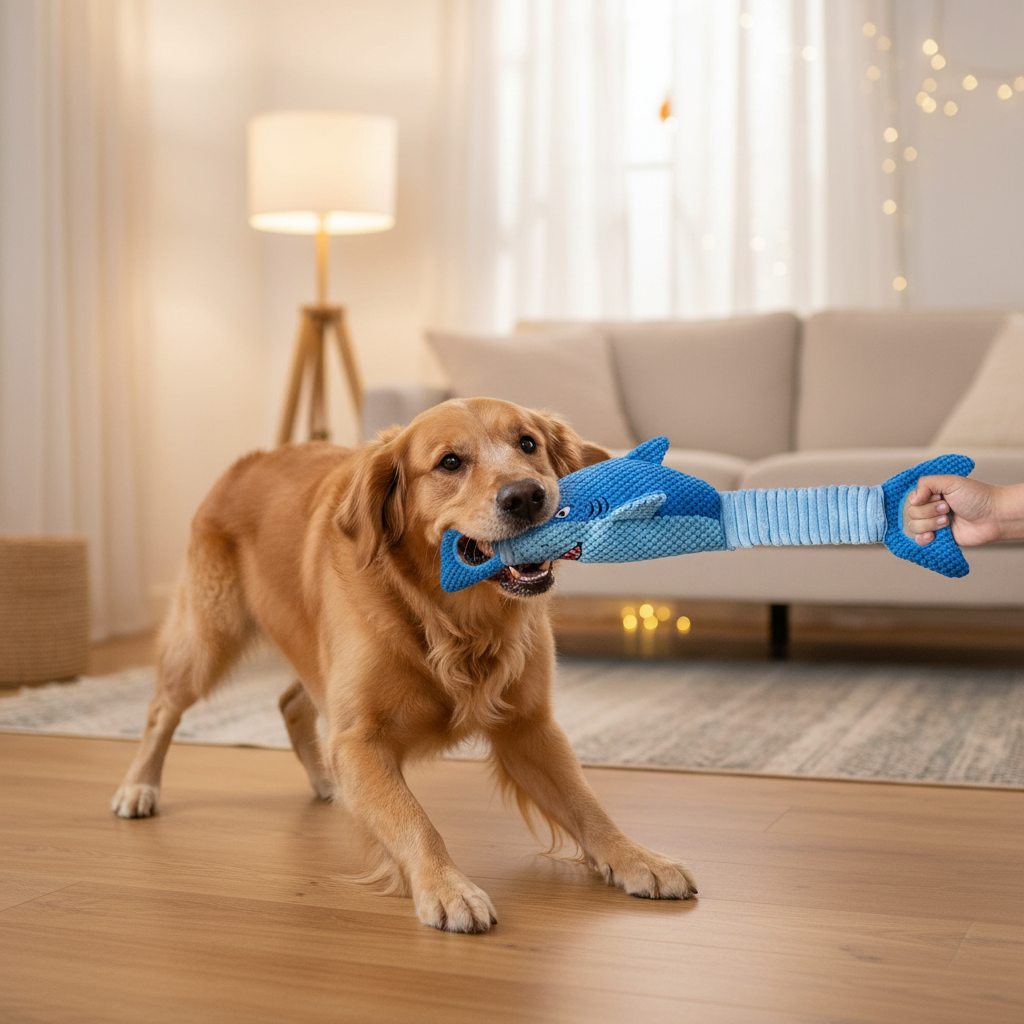Hund spielt mit Hai-Spielzeug