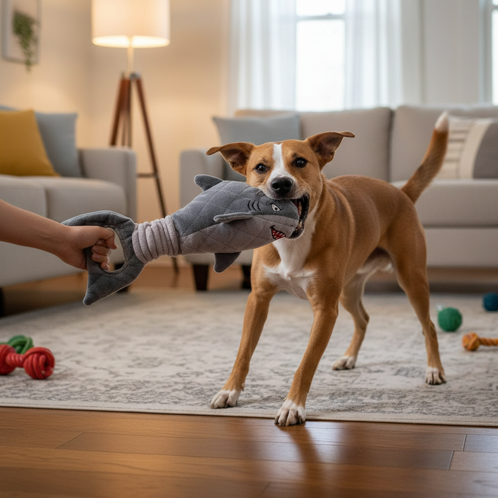 Hund spielt Tauziehen mit Hai-Spielzeug